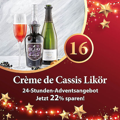 Werbebanner mit Cr&egrave;me de Cassis, Champagnerflasche, Cassis-Drink im Glas und Hinweis auf 22 % Rabatt.