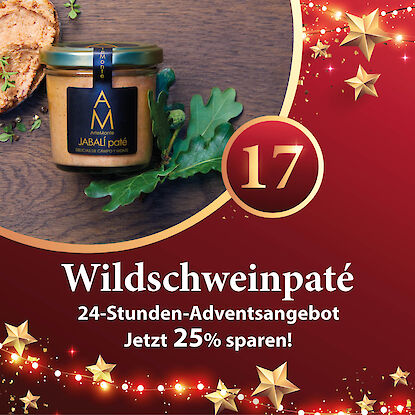 Werbebanner mit Wildschweinpastete im Glas, bestrichenem Brot und Bl&auml;ttern, dazu Hinweis auf 25 % Rabatt.