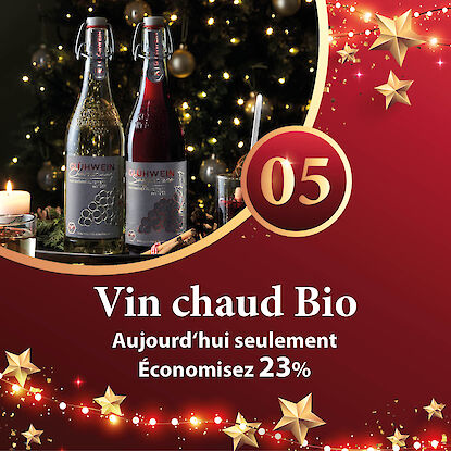 Bannière avec deux bouteilles de vin chaud bio et un verre épicé devant le sapin, avec annonce de 23 % de réduction.