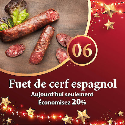 Bannière avec chorizo de sanglier tranché sur planche en bois et annonce d’une réduction de 25 % pour l’Avent.