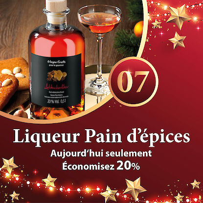 Banni&egrave;re avec bouteille de liqueur pain d&rsquo;&eacute;pices, verre servi, pains d&rsquo;&eacute;pices et &eacute;pices, avec annonce de 20 % de r&eacute;duction.