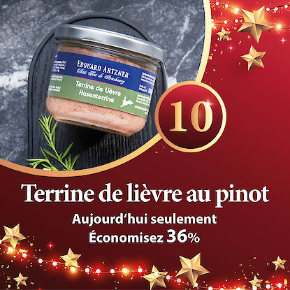 Banni&egrave;re avec terrine de li&egrave;vre en bocal et tartines garnies, avec annonce d&rsquo;une r&eacute;duction de 36 %.