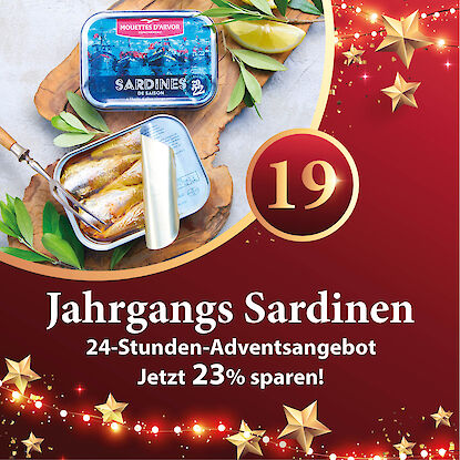 Banni&egrave;re avec sardines de saison en bo&icirc;te, filets ouverts et citron, accompagn&eacute;e d&rsquo;une r&eacute;duction de 25 %.