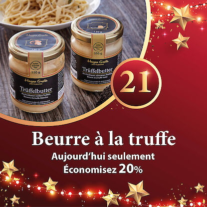 Banni&egrave;re avec pots de beurre &agrave; la truffe sur bois et truffes fra&icirc;ches, accompagn&eacute;e d&rsquo;une offre &agrave; &ndash;20 %.
