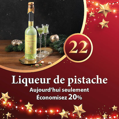 Banni&egrave;re avec bouteille et verres de liqueur de pistache sur d&eacute;cor festif, avec une offre sp&eacute;ciale affichant &ndash;20 %.