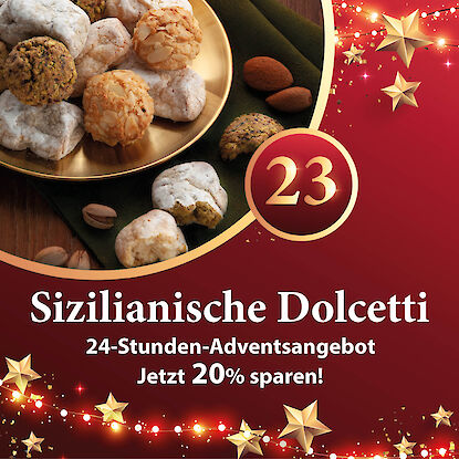 Banner mit sizilianischem Mandelgeb&auml;ck auf goldenem Teller und Hinweis auf das Adventskalender-Angebot mit 20 % Rabatt.