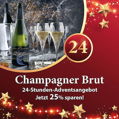 Banner mit Champagnerflasche und zwei gef&uuml;llten Gl&auml;sern auf Tablett, dazu Adventskalender-Angebot mit 25 % Rabatt.