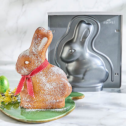 Gebackener Osterhase aus R&uuml;hrkuchen mit Puderzucker und roter Schleife, auf Teller serviert, daneben Hasen-Backform.