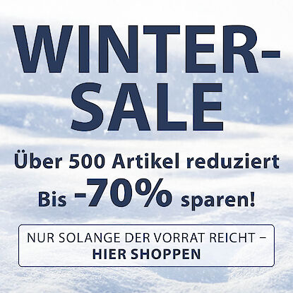 Banner mit Schneehintergrund und Text zu Winter-Sale: &uuml;ber 500 Artikel bis 70 % reduziert