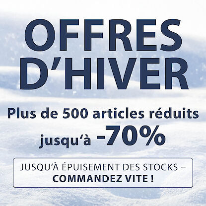 Banner avec fond enneig&eacute; et texte sur les soldes d&rsquo;hiver : plus de 500 articles jusqu&rsquo;&agrave; &ndash;70 % de r&eacute;duction