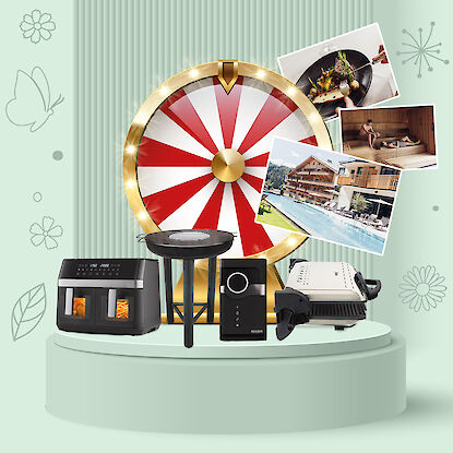 Gl&uuml;cksrad mit Preisen: Einkaufsgutschein, Kaffeevollautomat, Wellnessliege & Europa-Park-Tickets